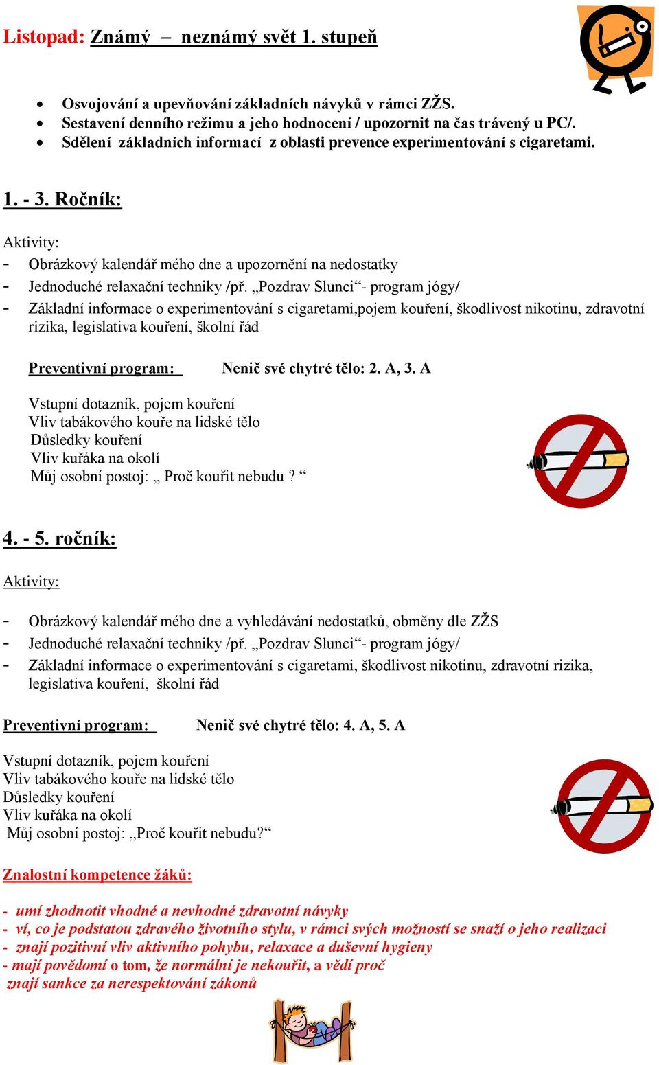 Pozdrav Slunci - program jógy/ - Základní informace o experimentování s cigaretami,pojem kouření, škodlivost nikotinu, zdravotní rizika, legislativa kouření, školní řád Preventivní program: Nenič své