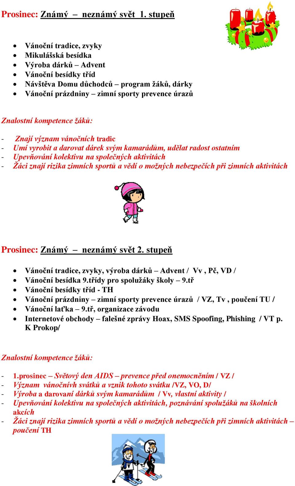 vánočních tradic - Umí vyrobit a darovat dárek svým kamarádům, udělat radost ostatním - Upevňování kolektivu na společných aktivitách - Žáci znají rizika zimních sportů a vědí o možných nebezpečích