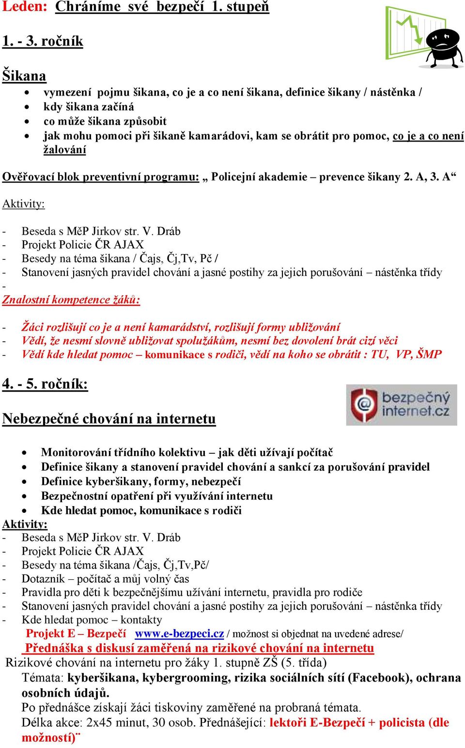 je a co není žalování Ověřovací blok preventivní programu: Policejní akademie prevence šikany 2. A, 3. A Aktivity: - Beseda s MěP Jirkov str. V.