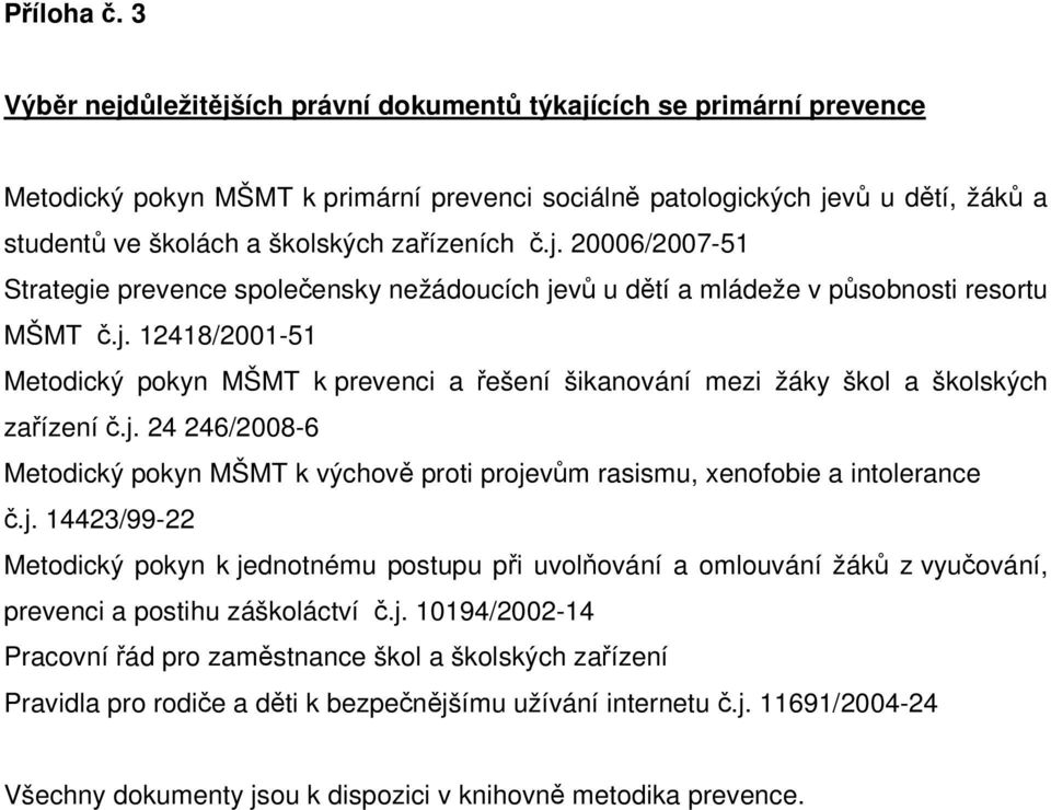 zařízeních č.j. 20006/2007-51 Strategie prevence společensky nežádoucích jevů u dětí a mládeže v působnosti resortu MŠMT č.j. 12418/2001-51 Metodický pokyn MŠMT k prevenci a řešení šikanování mezi žáky škol a školských zařízení č.