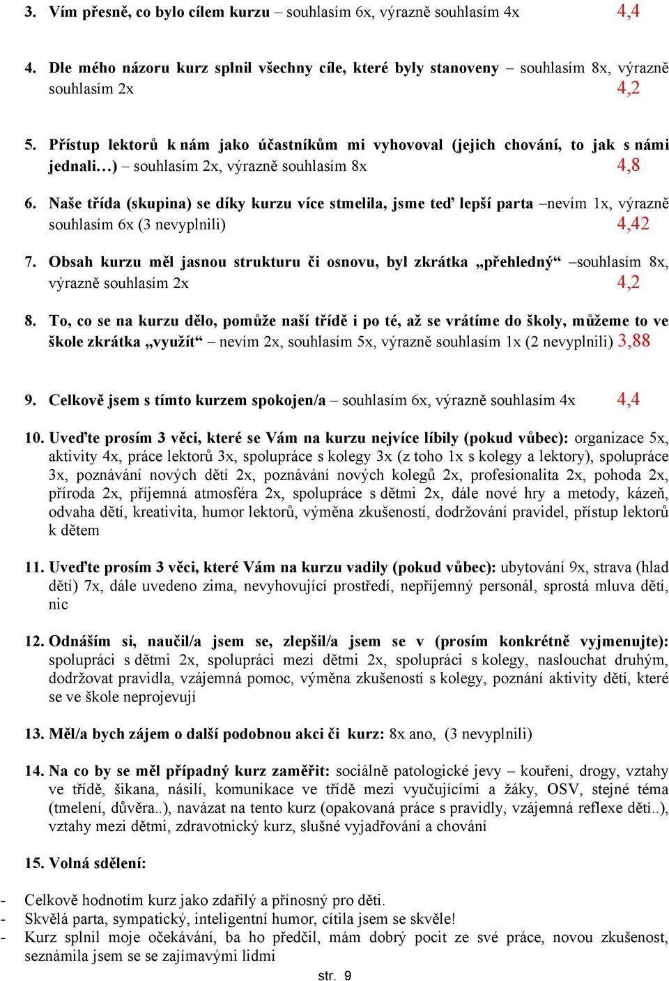 Naše třída (skupina) se díky kurzu více stmelila, jsme teď lepší parta nevím 1x, výrazně souhlasím 6x (3 nevyplnili) 4,42 7.