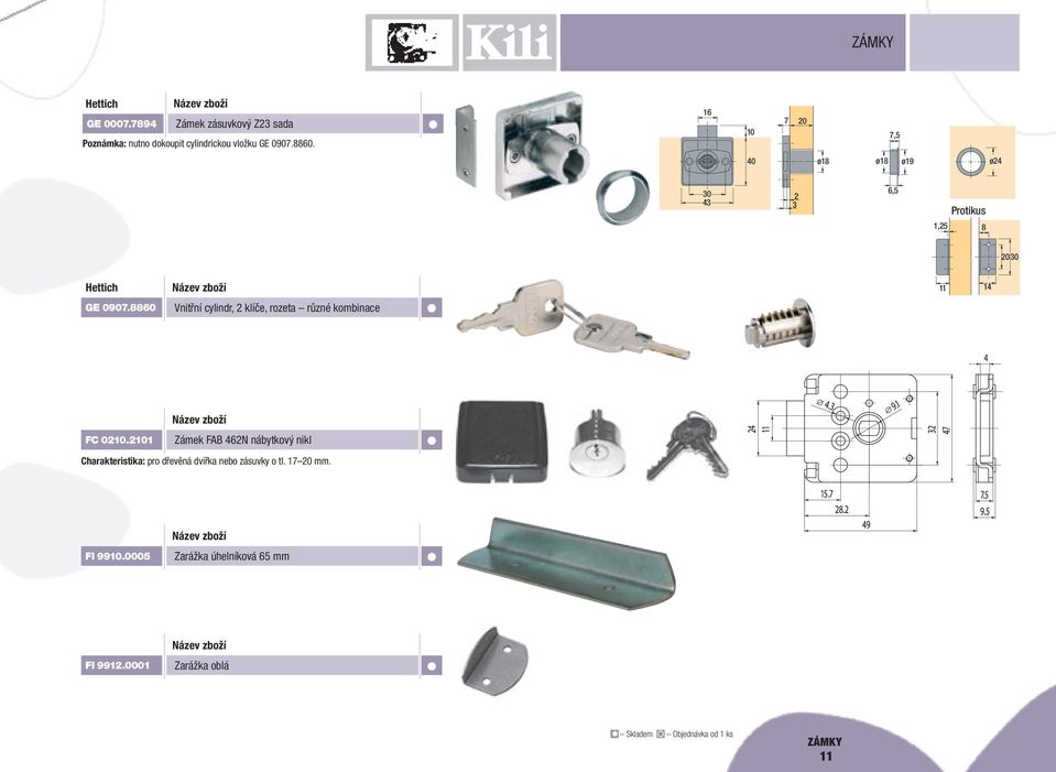 Hettich GE 0907.8860 Vnitřní cylindr, 2 klíče, rozeta různé kombinace 11 14 2030 11 14 FC 0210.