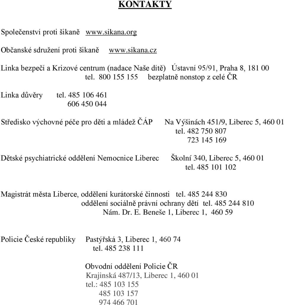 482 750 807 723 145 169 Dětské psychiatrické oddělení Nemocnice Liberec Školní 340, Liberec 5, 460 01 tel. 485 101 102 Magistrát města Liberce, oddělení kurátorské činnosti tel.