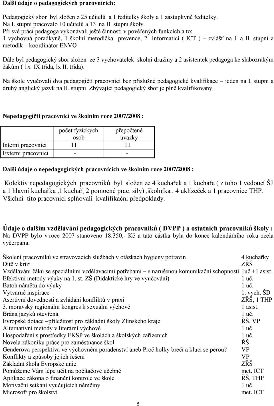 stupni a metodik koordinátor ENVO Dále byl pedagogický sbor sloţen ze 3 vychovatelek školní druţiny a 2 asistentek pedagoga ke slabozrakým ţákům ( 1x IX.třída, lx II. třída).