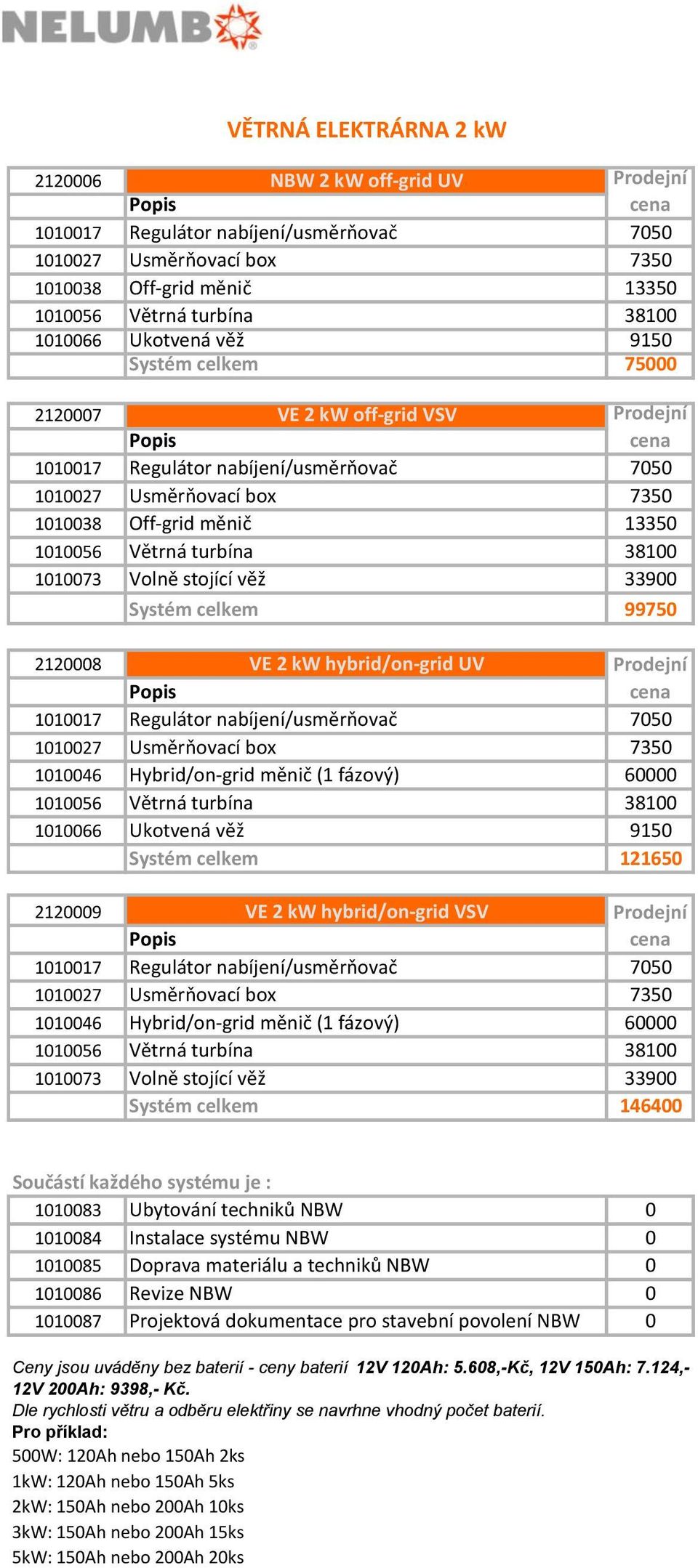 Volně stojící věž 33900 Systém celkem 99750 2120008 VE 2 kw hybrid/on-grid UV 1010017 Regulátor nabíjení/usměrňovač 7050 1010027 Usměrňovací box 7350 1010046 Hybrid/on-grid měnič (1 fázový) 60000