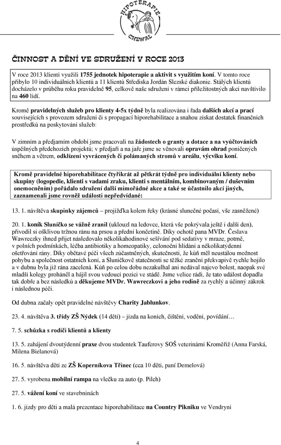 Stálých klientů docházelo v průběhu roku pravidelně 95, celkově naše sdružení v rámci příležitostných akcí navštívilo na 460 lidí.