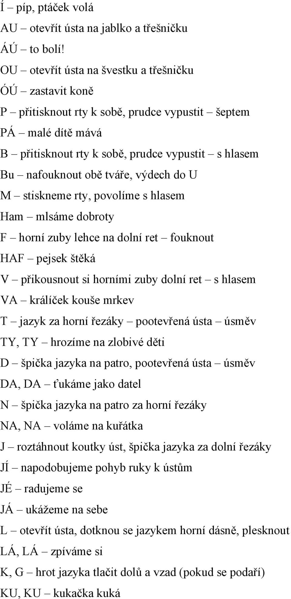 výdech do U M stiskneme rty, povolíme s hlasem Ham mlsáme dobroty F horní zuby lehce na dolní ret fouknout HAF pejsek štěká V přikousnout si horními zuby dolní ret s hlasem VA králíček kouše mrkev T