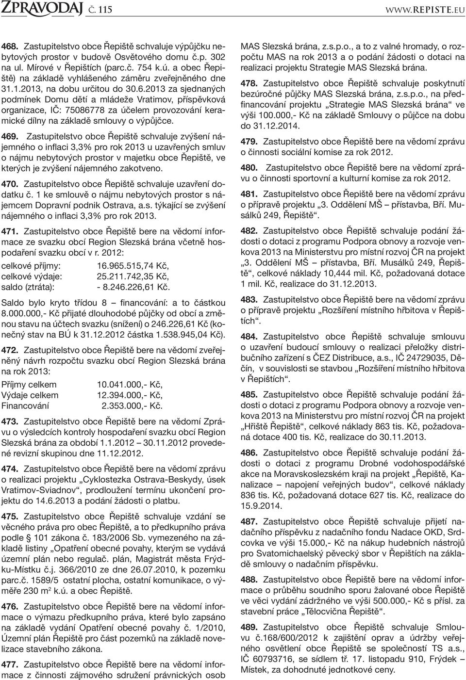 2013 za sjednaných podmínek Domu dětí a mládeže Vratimov, příspěvková organizace, IČ: 75086778 za účelem provozování keramické dílny na základě smlouvy o výpůjčce. 469.