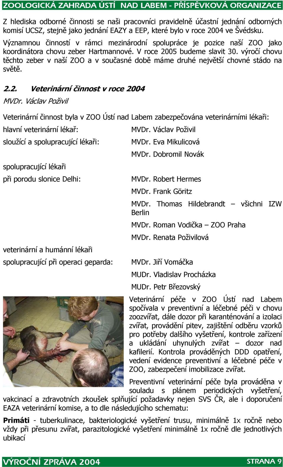 výročí chovu těchto zeber v naší ZOO a v současné době máme druhé největší chovné stádo na světě. 2.2. Veterinární činnost v roce 2004 MVDr.