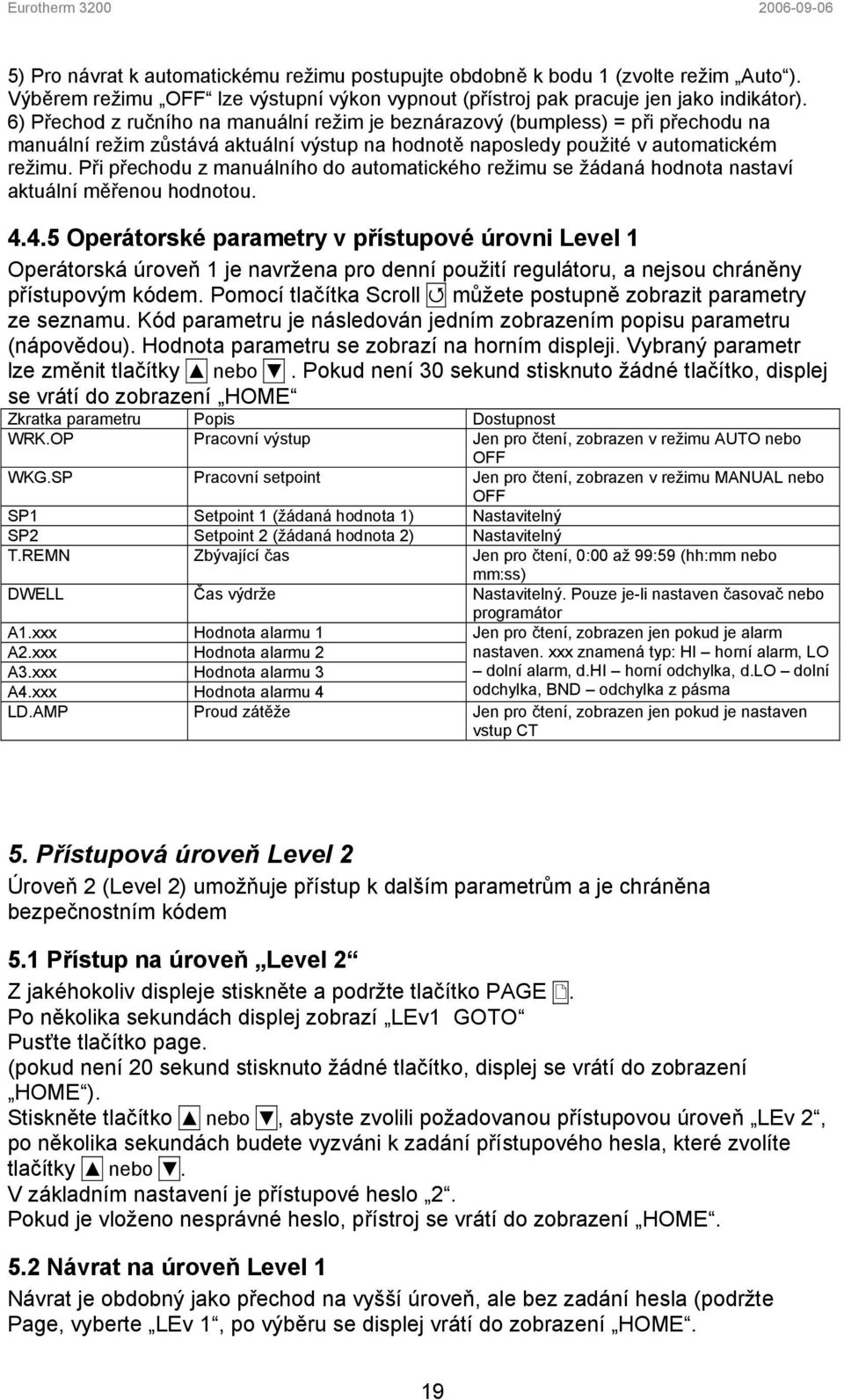 Při přechodu z manuálního do automatického režimu se žádaná hodnota nastaví aktuální měřenou hodnotou. 4.