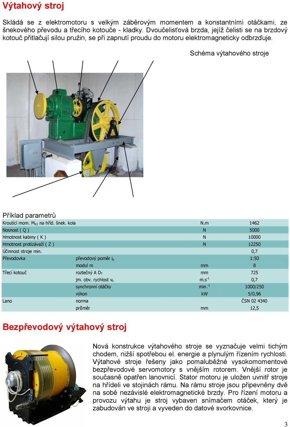 M K2 na hříd. šnek. kola N.m 1462 Nosnost ( Q ) N 5000 Hmotnost kabiny ( K ) N 10000 Hmotnost protizávaží ( Z ) N 12250 Účinnost stroje min.. 0,7 Převodovka převodový poměr i p. 1:50.