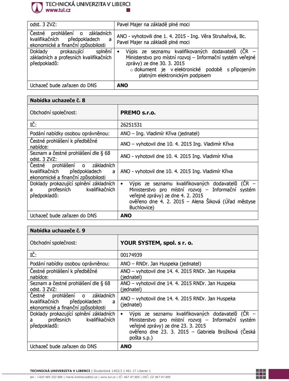 . 3. 2015 o dokument je v elektronické podobě s připojeným platným elektronickým podpisem Nabídka uchazeče č. 8 PREMO s.r.o. IČ: 26251531 Podání nabídky osobou oprávněnou: Ing.