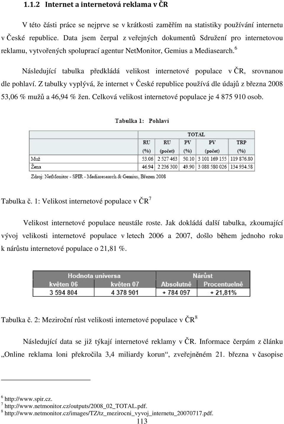 6 Následující tabulka předkládá velikost internetové populace v ČR, srovnanou dle pohlaví. Z tabulky vyplývá, že internet v České republice používá dle údajů z března 2008 53,06 % mužů a 46,94 % žen.