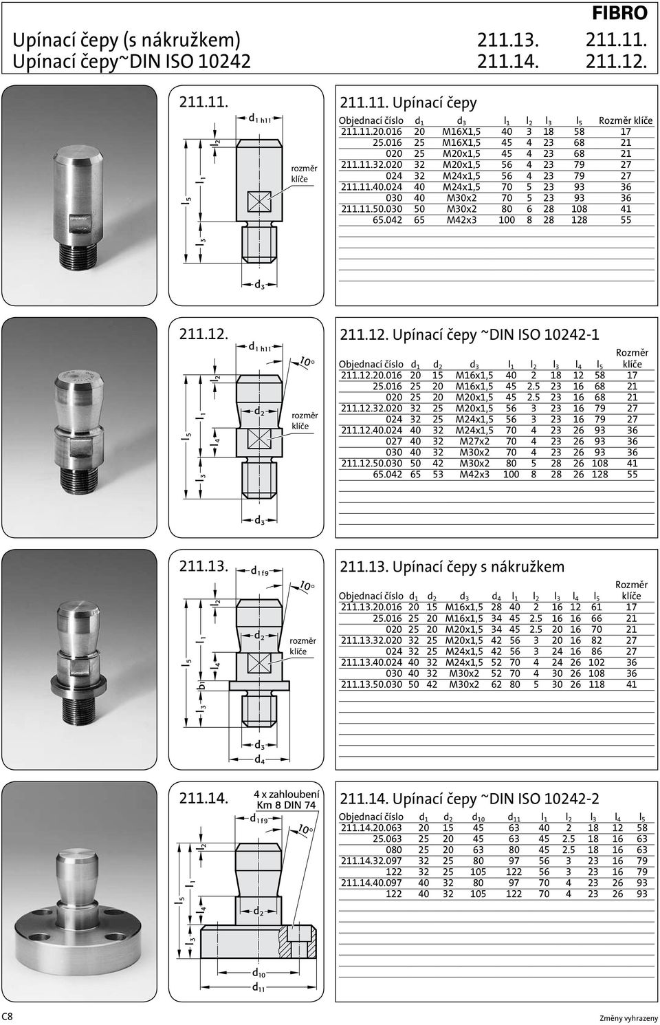 11.50.030 50 M30x2 80 6 28 108 41 65.042 65 M42x3 100 8 28 128 55 211.12. rozměr klíče 211.12. Upínací čepy ~DIN ISO 10242-1 Objednací číslo d 1 d 2 d 3 l 1 l 2 l 3 l 4 l 5 klíče Rozměr 211.12.20.