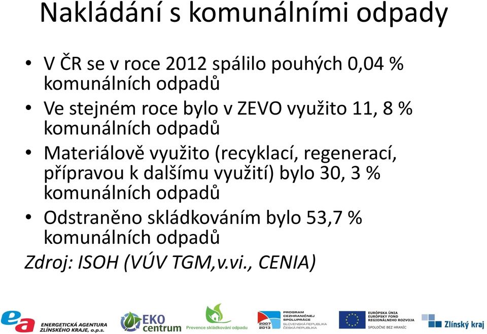 využito (recyklací, regenerací, přípravou k dalšímu využití) bylo 30, 3 % komunálních