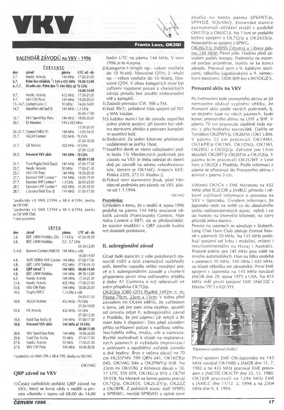 00-20.00 20.7. S5 Maratón 144 a 432 MHz 13.00-20.00 20.-21.7. Contest F8BO (F) 144 MHz 14.00-14.00 21.7. AGGH Contest 432 MHz-76 GHz 07.00-10.00 21.7. OE Activity 432 MHz-10 GHz 07.00-12.00 21.7. Provozní VKV aktiv 1 4 4 M H z - 1 0 G H z 08.