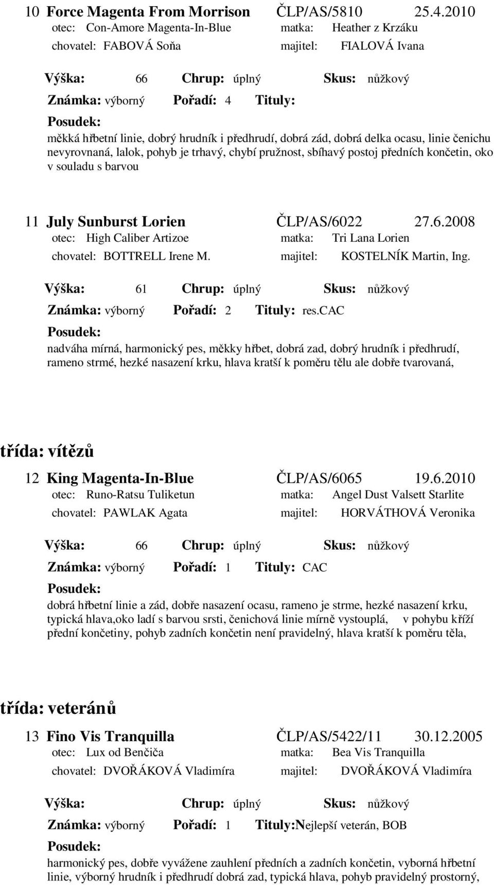 hrudník i předhrudí, dobrá zád, dobrá delka ocasu, linie čenichu nevyrovnaná, lalok, pohyb je trhavý, chybí pružnost, sbíhavý postoj předních končetin, oko v souladu s barvou 11 July Sunburst Lorien