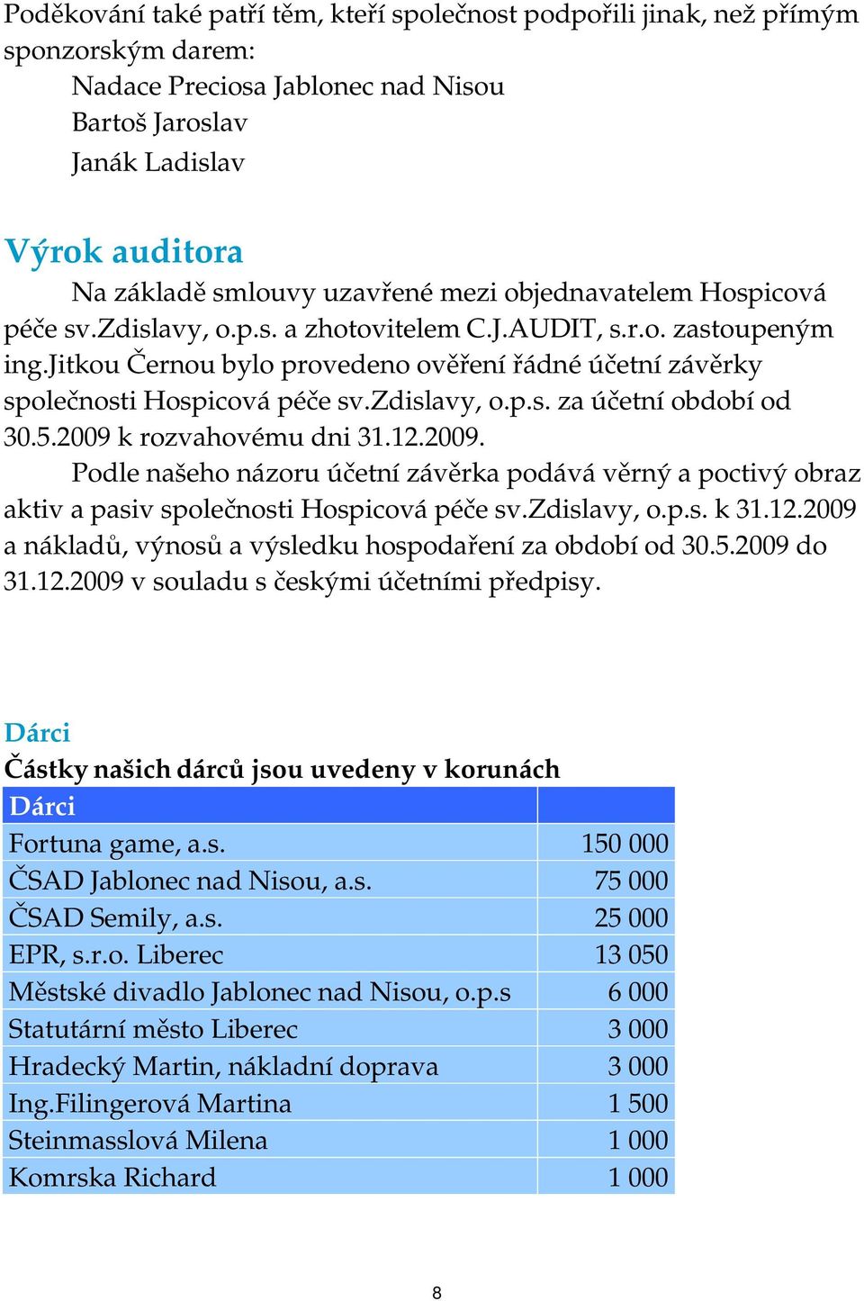 zdislavy, o.p.s. za účetní období od 30.5.2009 k rozvahovému dni 31.12.2009. Podle našeho názoru účetní závěrka podává věrný a poctivý obraz aktiv a pasiv společnosti Hospicová péče sv.zdislavy, o.p.s. k 31.