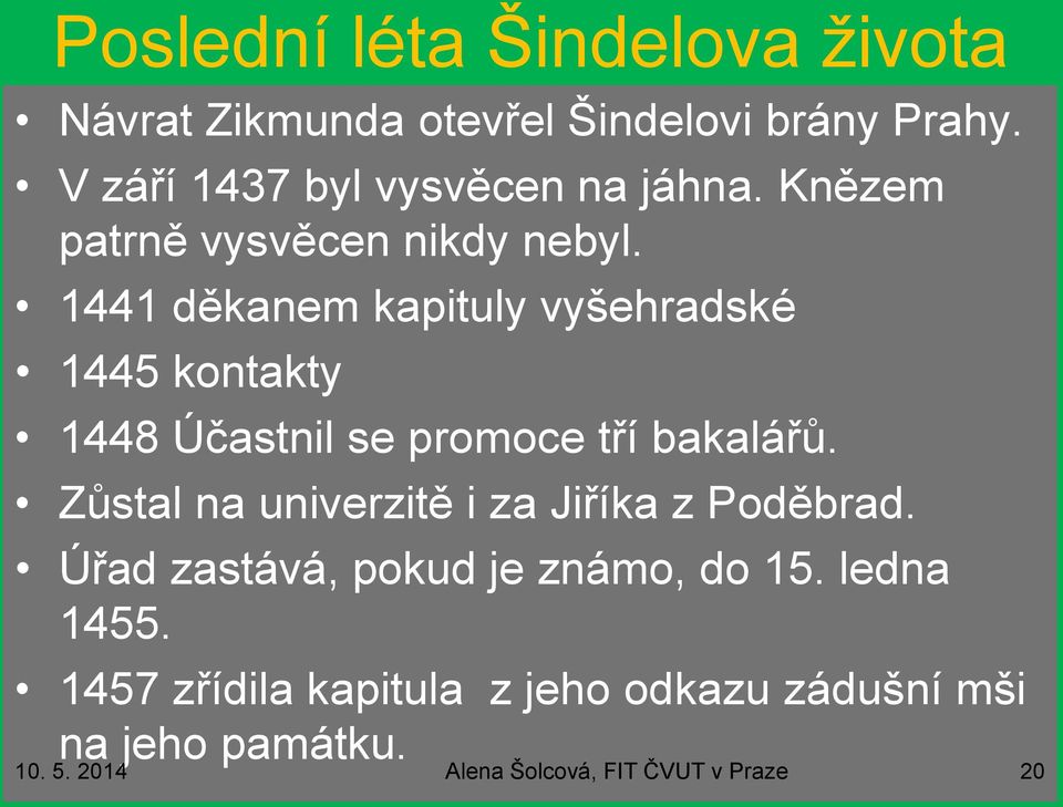 1441 děkanem kapituly vyšehradské 1445 kontakty 1448 Účastnil se promoce tří bakalářů.