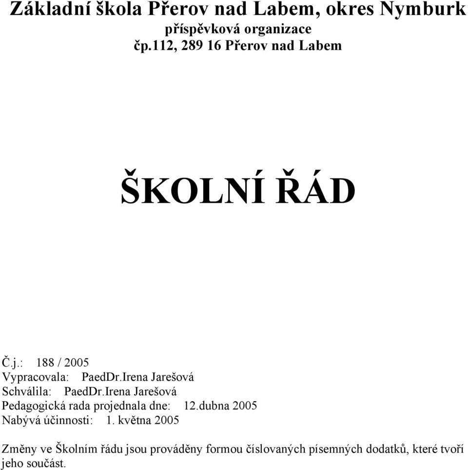 Irena Jarešová Schválila: PaedDr.Irena Jarešová Pedagogická rada projednala dne: 12.