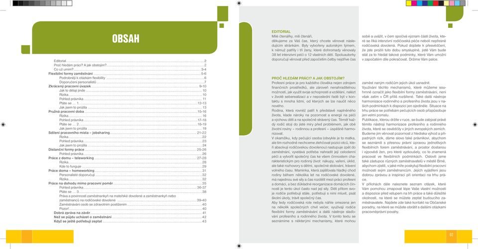 ...18-19 Jak jsem to prožila... 19 Sdílení pracovního místa jobsharing... 21-22 Rizika...22 Pohled právníka...23 Jak jsem to prožila......24 Distanční formy práce... 25-26 Pohled právníka.