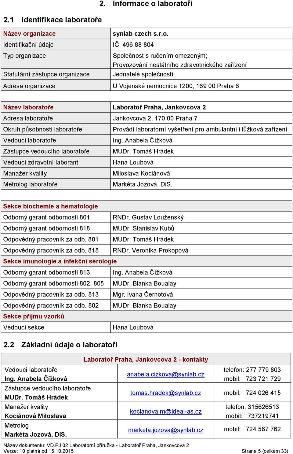 nestátního zdravotnického zařízení Jednatelé společnosti Adresa organizace U Vojenské nemocnice 1200, 169 00 Praha 6 Název laboratoře Laboratoř Praha, Jankovcova 2 Adresa laboratoře Jankovcova 2, 170