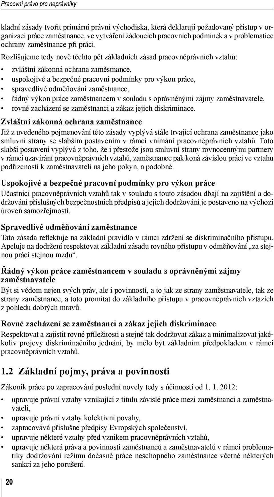 Rozlišujeme tedy nově těchto pět základních zásad pracovněprávních vztahů: zvláštní zákonná ochrana zaměstnance, uspokojivé a bezpečné pracovní podmínky pro výkon práce, spravedlivé odměňování