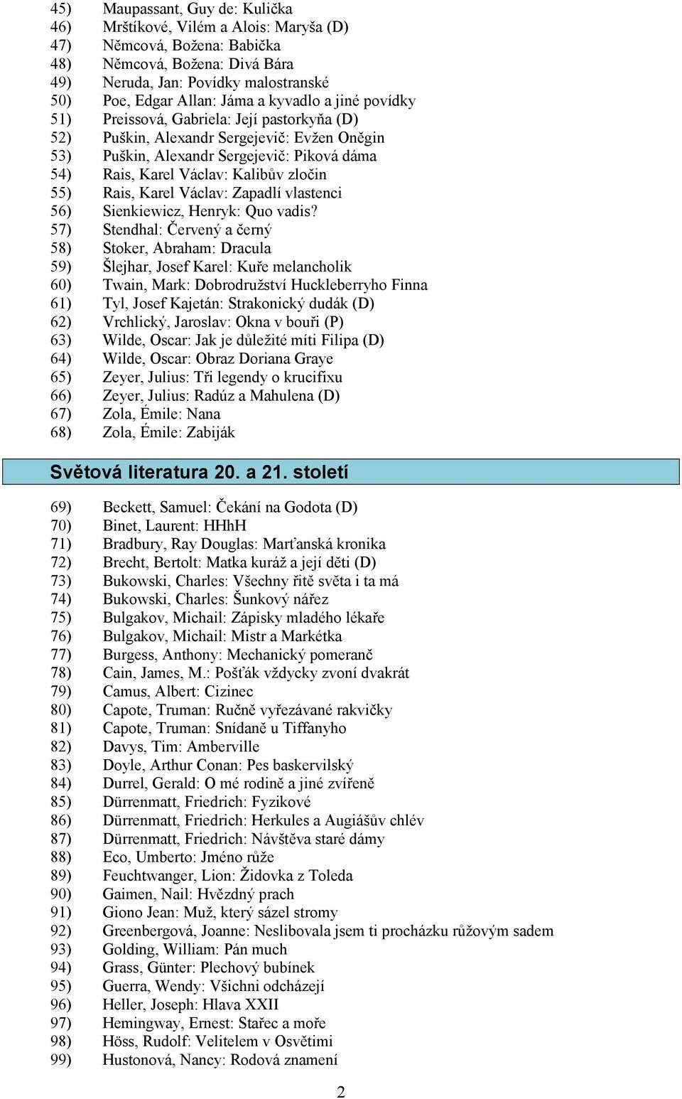 55) Rais, Karel Václav: Zapadlí vlastenci 56) Sienkiewicz, Henryk: Quo vadis?