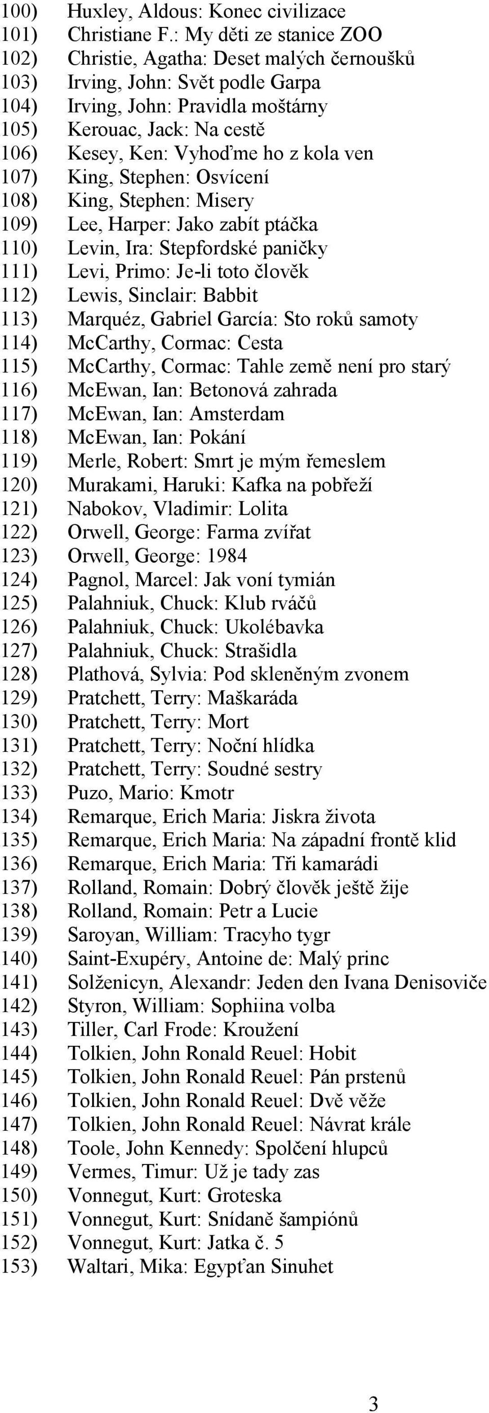 ho z kola ven 107) King, Stephen: Osvícení 108) King, Stephen: Misery 109) Lee, Harper: Jako zabít ptáčka 110) Levin, Ira: Stepfordské paničky 111) Levi, Primo: Je-li toto člověk 112) Lewis,