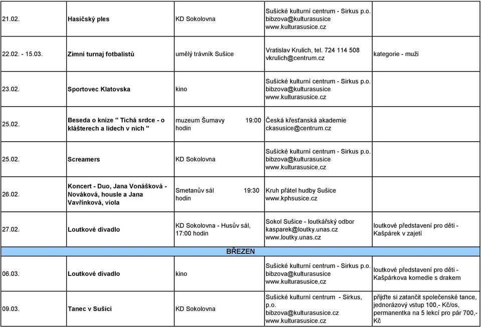 03. Loutkové divadlo kino www.kulturasusice,cz loutkové představení pro děti - Kašpárkova komedie s drakem 09.03. Tanec v Sušici KD Sokolovna Sušické kulturní centrum - Sirkus, p.o..cz přijďte si zatančit společenské tance, jednorázový vstup 100,- Kč/os, permanentka na 5 lekcí pro pár 700,- Kč