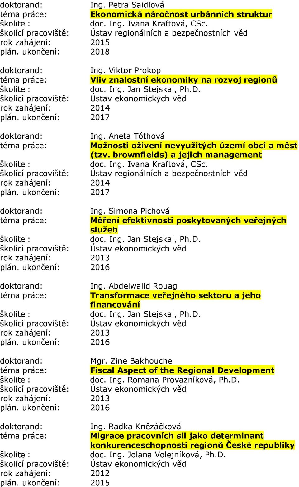 brownfields) a jejich management doc. Ing. Ivana Kraftová, CSc. Ústav regionálních a bezpečnostních věd 2014 2017 Ing. Simona Pichová Měření efektivnosti poskytovaných veřejných služeb doc. Ing. Jan Stejskal, Ph.