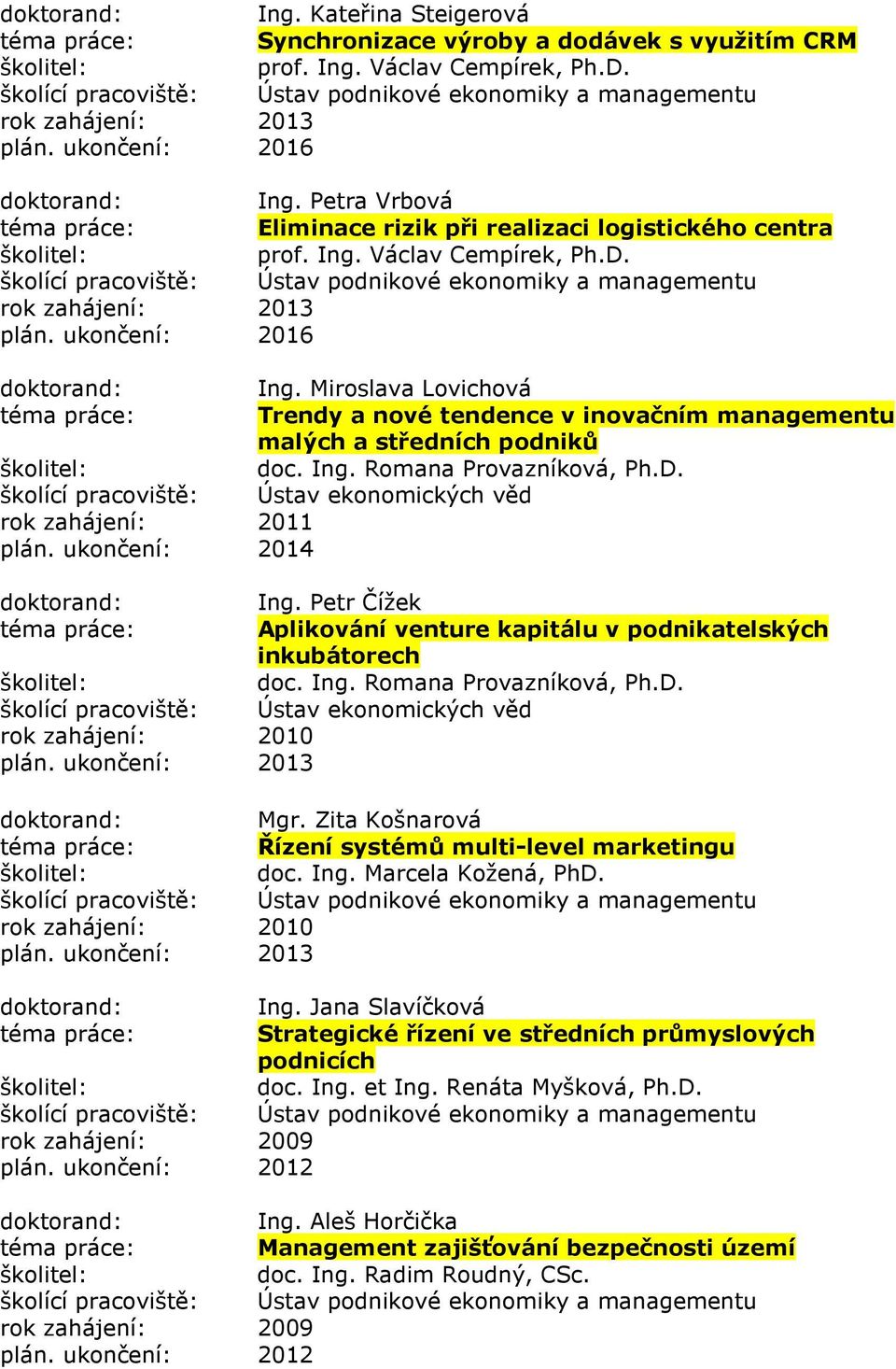 Ing. Romana Provazníková, Ph.D. Mgr. Zita Košnarová Řízení systémů multi-level marketingu doc. Ing. Marcela Kožená, PhD. rok zahájení: 2010 plán. ukončení: 2013 Ing.