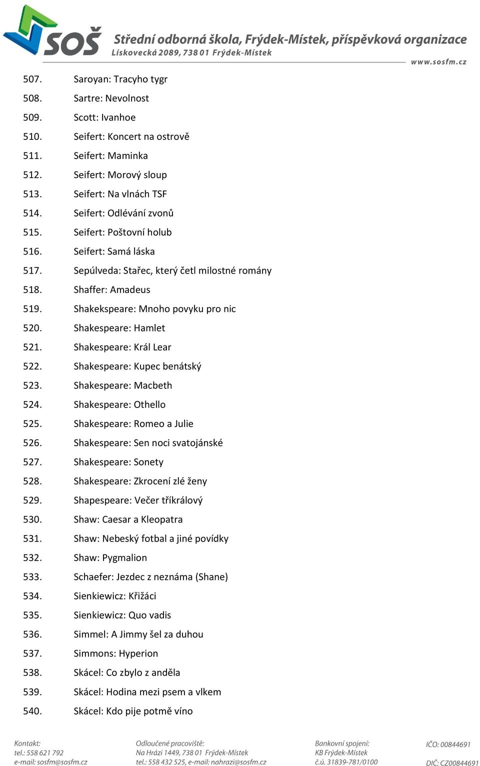 Shakespeare: Hamlet 521. Shakespeare: Král Lear 522. Shakespeare: Kupec benátský 523. Shakespeare: Macbeth 524. Shakespeare: Othello 525. Shakespeare: Romeo a Julie 526.