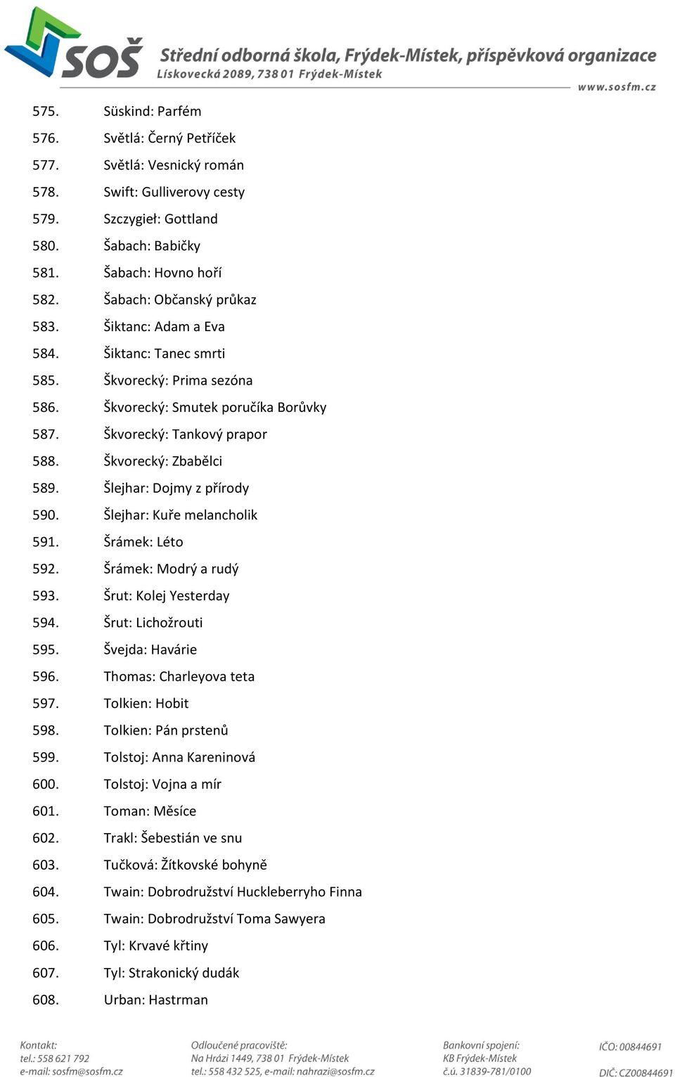 Škvorecký: Zbabělci 589. Šlejhar: Dojmy z přírody 590. Šlejhar: Kuře melancholik 591. Šrámek: Léto 592. Šrámek: Modrý a rudý 593. Šrut: Kolej Yesterday 594. Šrut: Lichožrouti 595. Švejda: Havárie 596.