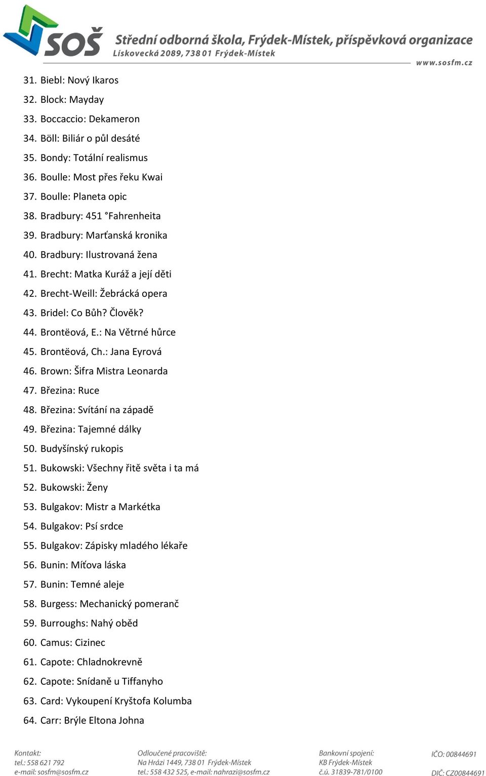 Brontëová, E.: Na Větrné hůrce 45. Brontëová, Ch.: Jana Eyrová 46. Brown: Šifra Mistra Leonarda 47. Březina: Ruce 48. Březina: Svítání na západě 49. Březina: Tajemné dálky 50. Budyšínský rukopis 51.