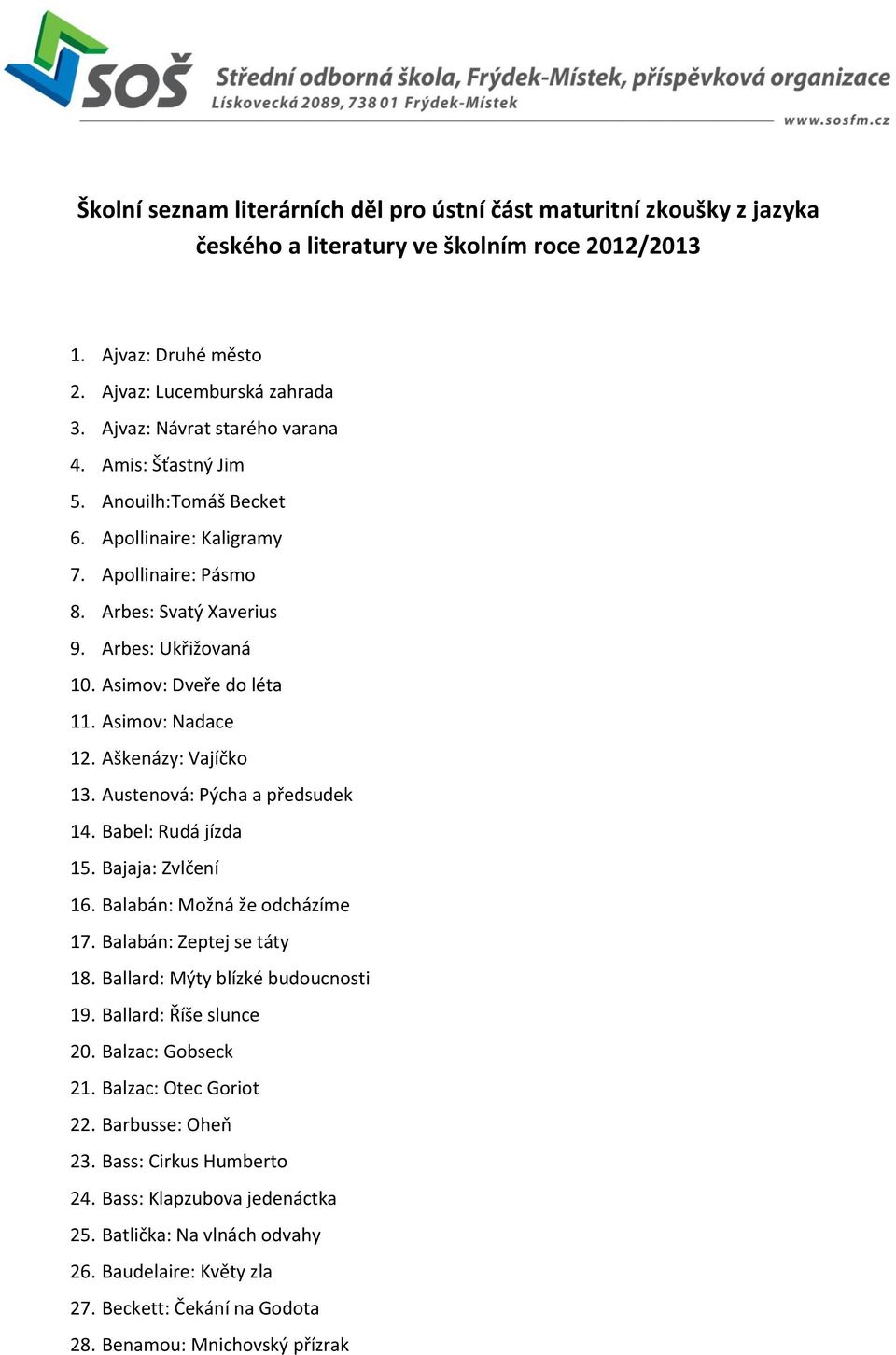 Asimov: Nadace 12. Aškenázy: Vajíčko 13. Austenová: Pýcha a předsudek 14. Babel: Rudá jízda 15. Bajaja: Zvlčení 16. Balabán: Možná že odcházíme 17. Balabán: Zeptej se táty 18.