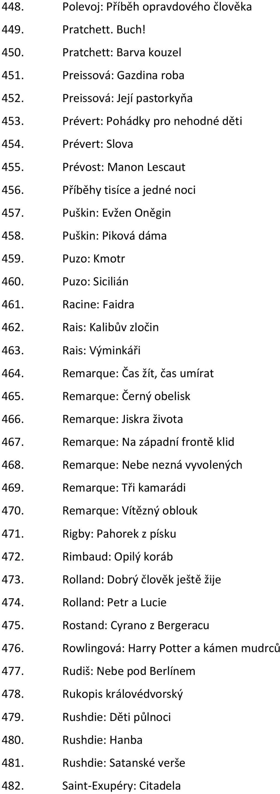 Rais: Kalibův zločin 463. Rais: Výminkáři 464. Remarque: Čas žít, čas umírat 465. Remarque: Černý obelisk 466. Remarque: Jiskra života 467. Remarque: Na západní frontě klid 468.