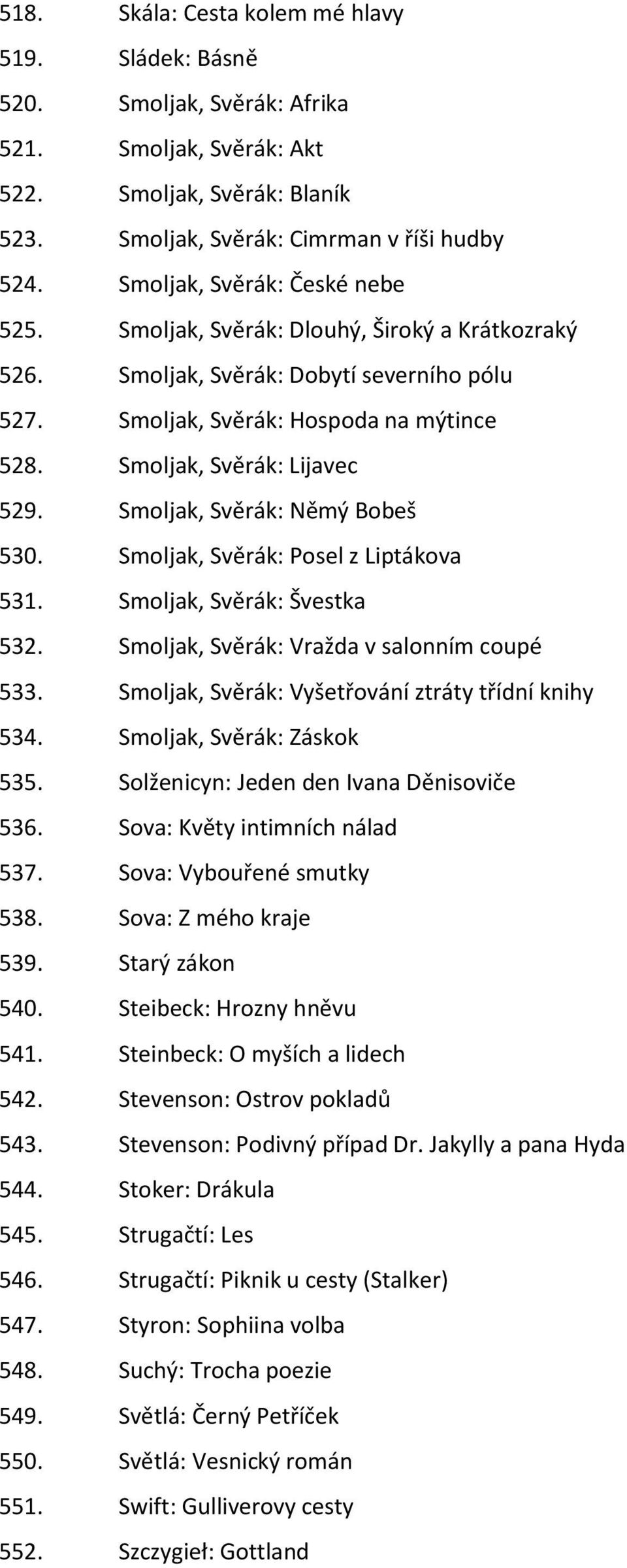 Smoljak, Svěrák: Němý Bobeš 530. Smoljak, Svěrák: Posel z Liptákova 531. Smoljak, Svěrák: Švestka 532. Smoljak, Svěrák: Vražda v salonním coupé 533.