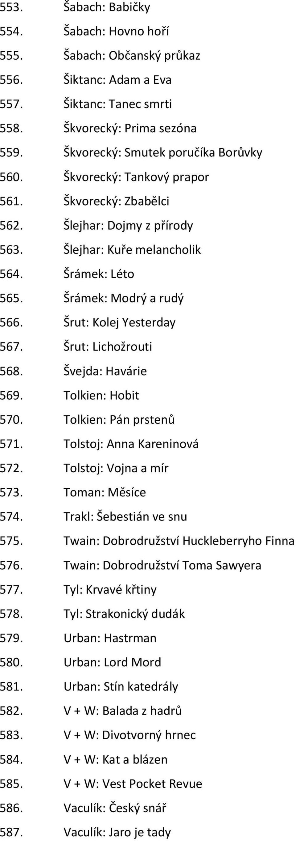 Šrut: Lichožrouti 568. Švejda: Havárie 569. Tolkien: Hobit 570. Tolkien: Pán prstenů 571. Tolstoj: Anna Kareninová 572. Tolstoj: Vojna a mír 573. Toman: Měsíce 574. Trakl: Šebestián ve snu 575.