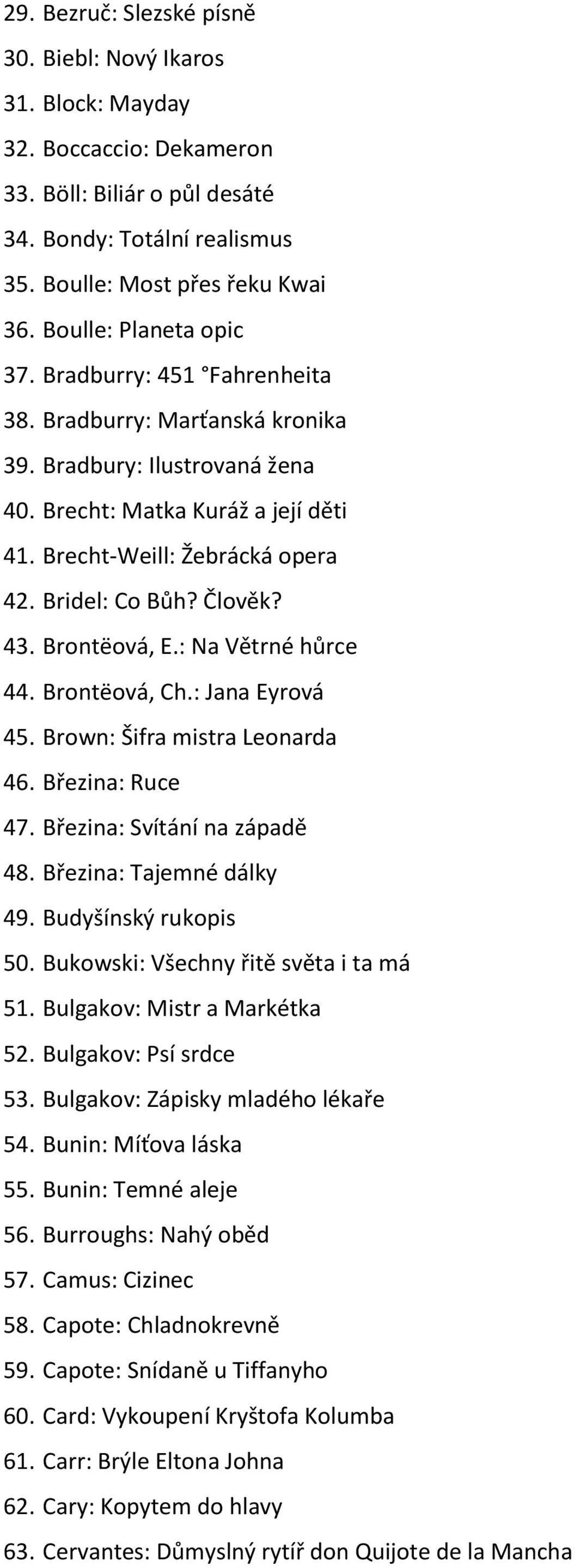 Bridel: Co Bůh? Člověk? 43. Brontëová, E.: Na Větrné hůrce 44. Brontëová, Ch.: Jana Eyrová 45. Brown: Šifra mistra Leonarda 46. Březina: Ruce 47. Březina: Svítání na západě 48.