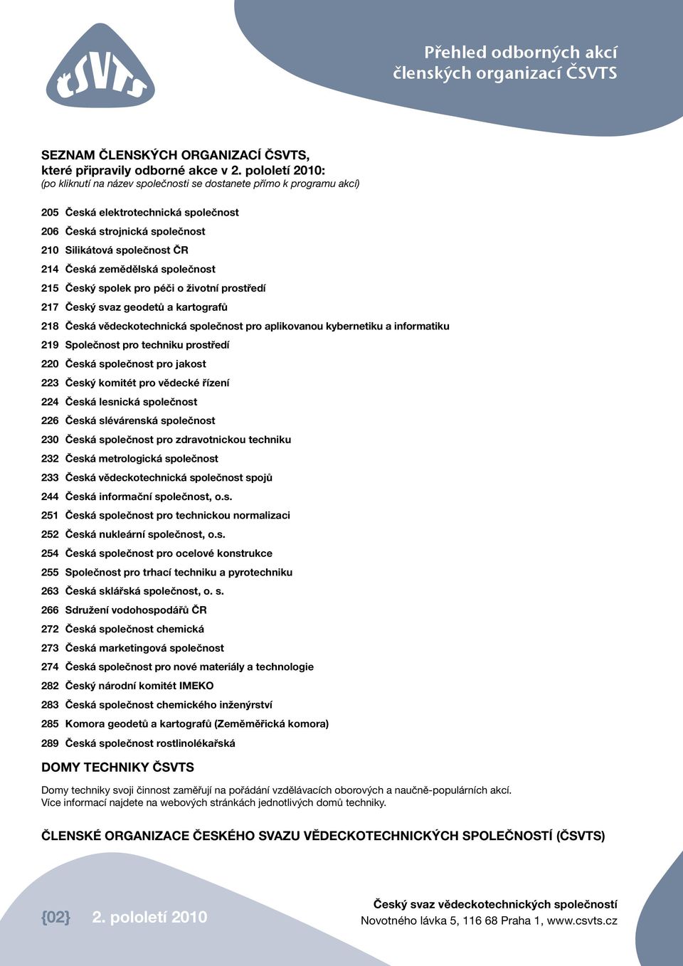 zemědělská společnost 215 Český spolek pro péči o životní prostředí 217 Český svaz geodetů a kartografů 218 Česká vědeckotechnická společnost pro aplikovanou kybernetiku a informatiku 219 Společnost