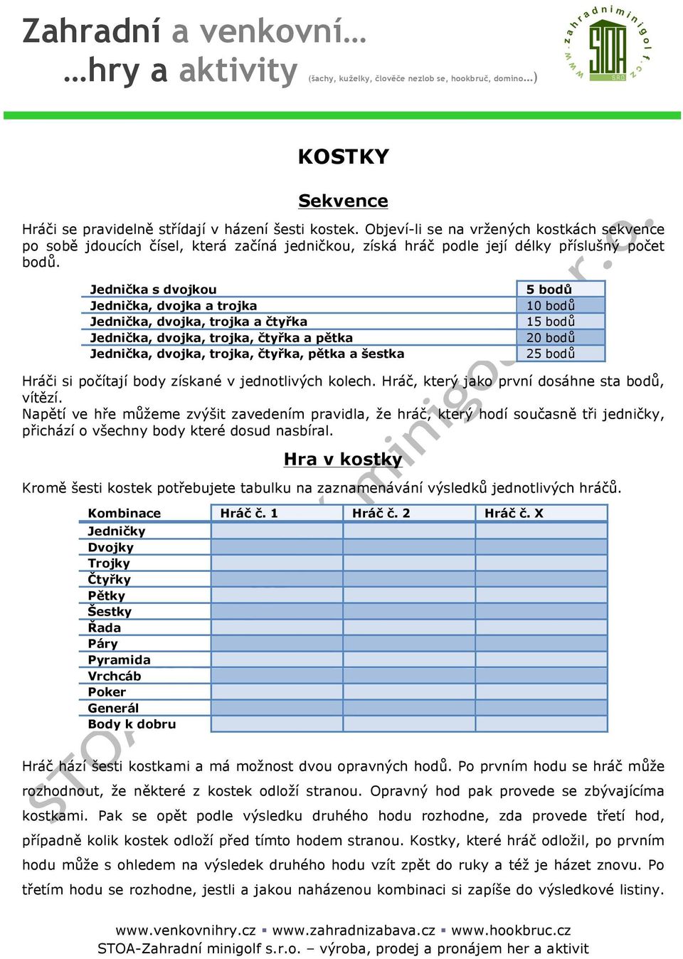 Jednička s dvojkou Jednička, dvojka a trojka Jednička, dvojka, trojka a čtyřka Jednička, dvojka, trojka, čtyřka a pětka Jednička, dvojka, trojka, čtyřka, pětka a šestka 5 bodů 10 bodů 15 bodů 20 bodů