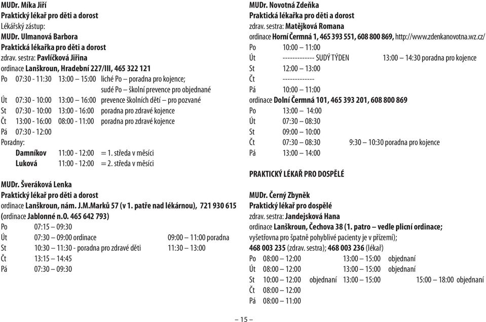 prevence školních dětí pro pozvané St 07:30-10:00 13:00-16:00 poradna pro zdravé kojence Čt 13:00-16:00 08:00-11:00 poradna pro zdravé kojence Pá 07:30-12:00 Poradny: Damníkov 11:00-12:00 = 1.