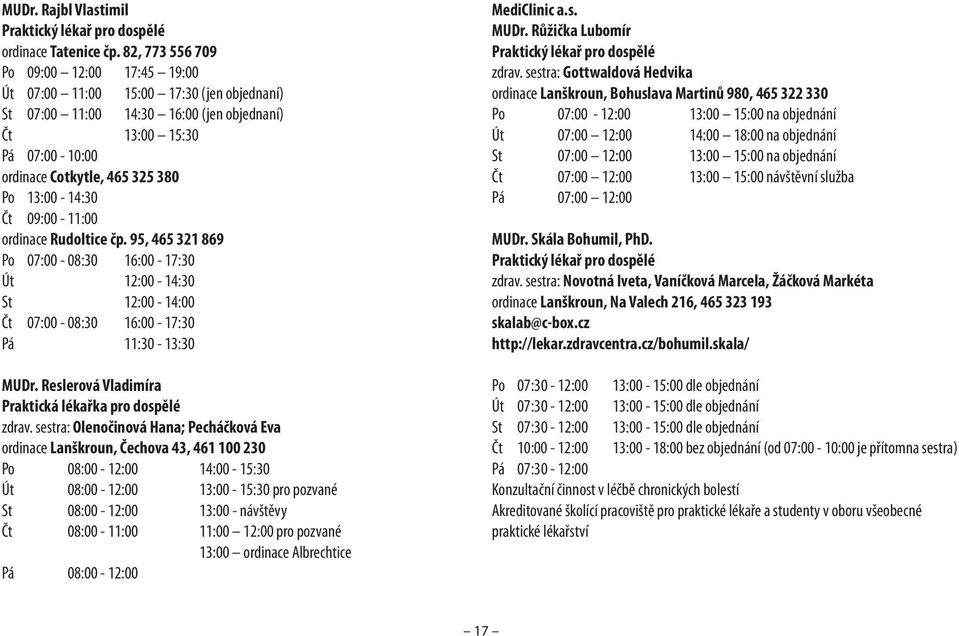 13:00-14:30 Čt 09:00-11:00 ordinace Rudoltice čp. 95, 465 321 869 Po 07:00-08:30 16:00-17:30 Út 12:00-14:30 St 12:00-14:00 Čt 07:00-08:30 16:00-17:30 Pá 11:30-13:30 MUDr.