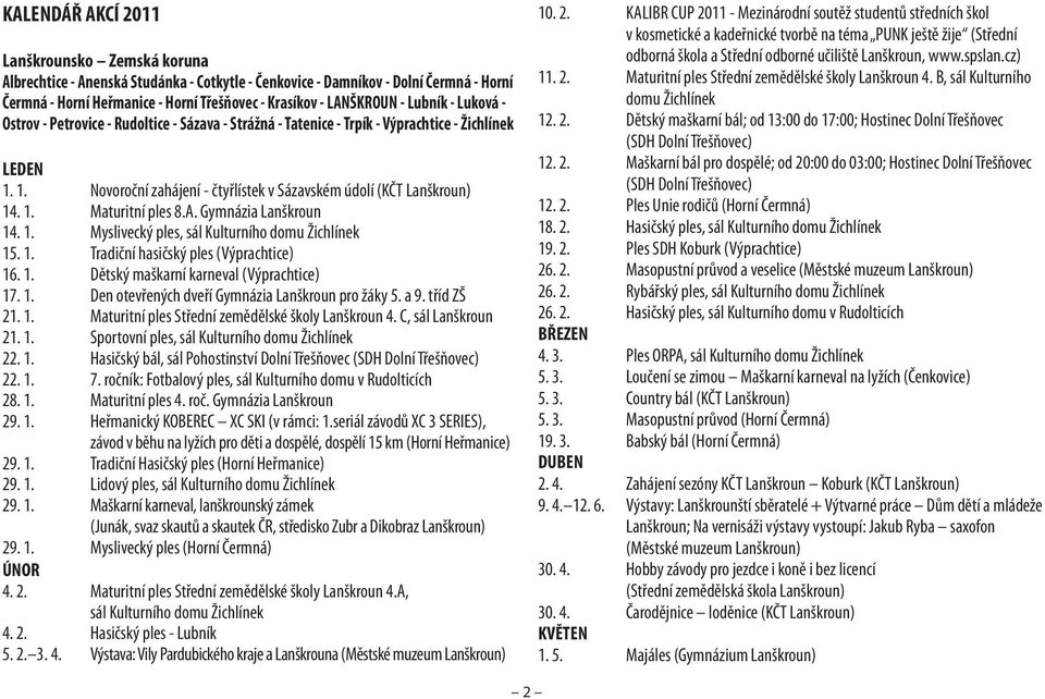 A. Gymnázia Lanškroun 14. 1. Myslivecký ples, sál Kulturního domu Žichlínek 15. 1. Tradiční hasičský ples (Výprachtice) 16. 1. Dětský maškarní karneval (Výprachtice) 17. 1. Den otevřených dveří Gymnázia Lanškroun pro žáky 5.