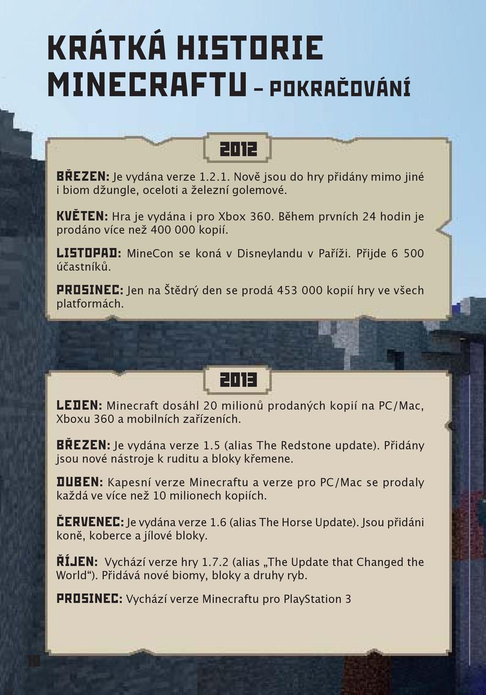 PROSINEC: Jen na Štědrý den se prodá 453 000 kopií hry ve všech platformách. 2013 LEDEN: Minecraft dosáhl 20 milionů prodaných kopií na PC/Mac, Xboxu 360 a mobilních zařízeních.