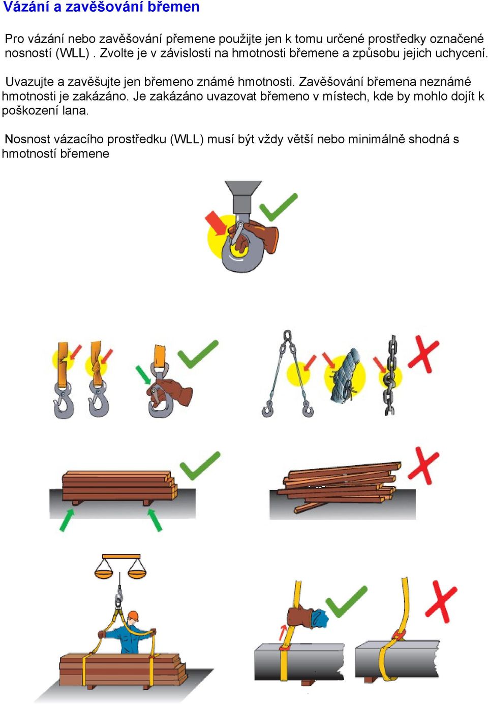 Uvazujte a zavěšujte jen břemeno známé hmotnosti. Zavěšování břemena neznámé hmotnosti je zakázáno.