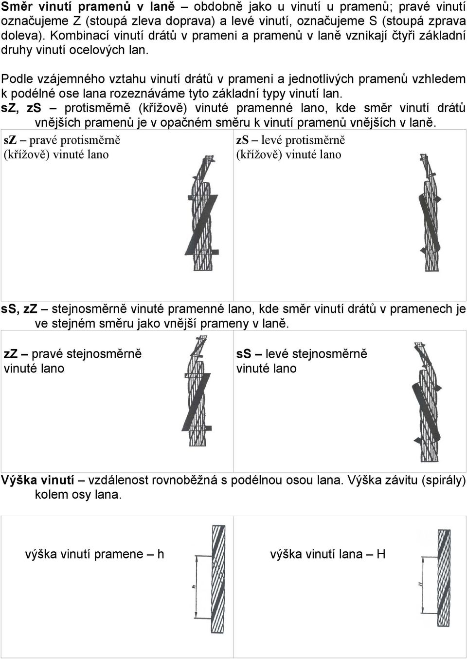 Podle vzájemného vztahu vinutí drátů v prameni a jednotlivých pramenů vzhledem k podélné ose lana rozeznáváme tyto základní typy vinutí lan.