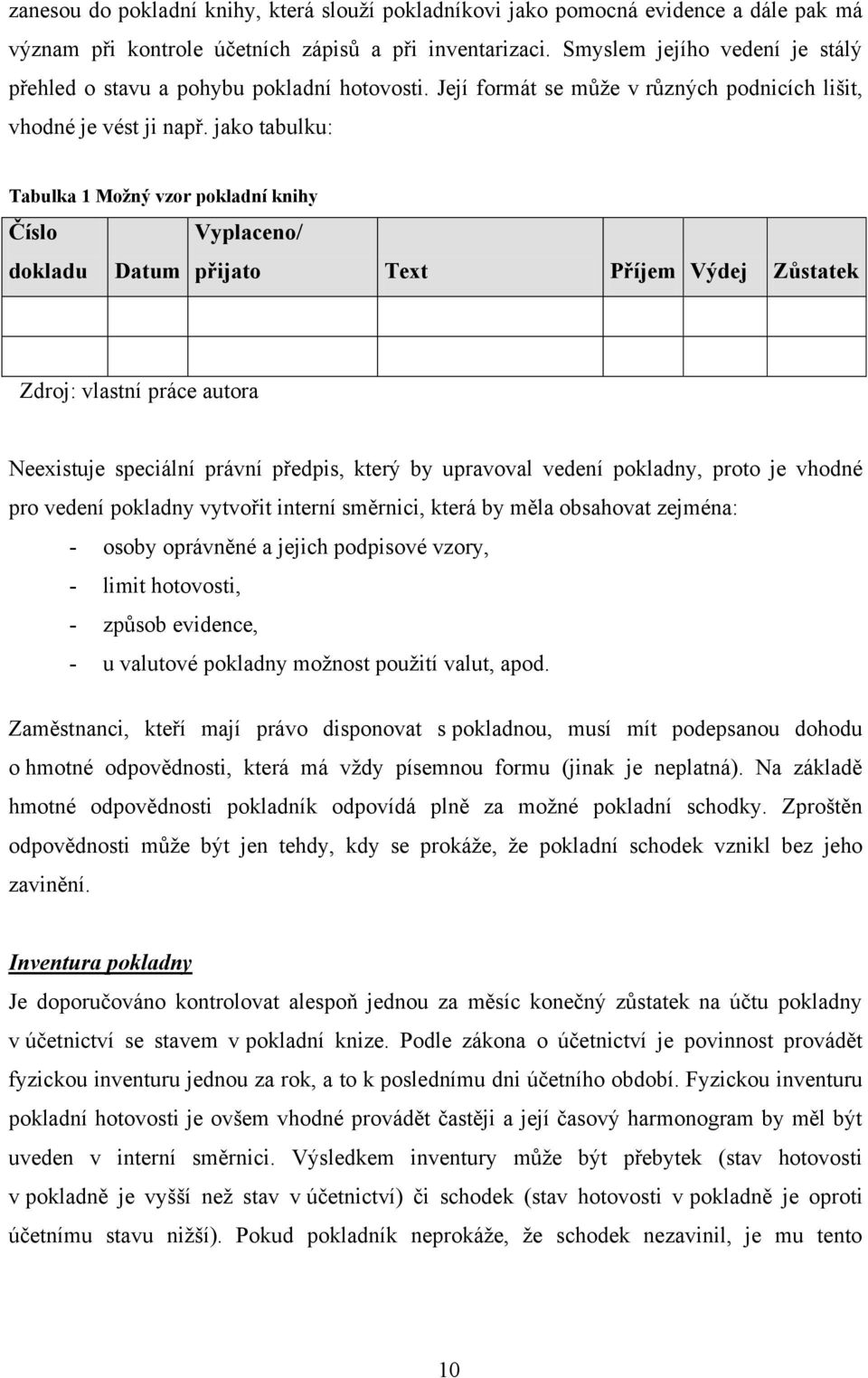 jako tabulku: Tabulka 1 Možný vzor pokladní knihy Číslo dokladu Vyplaceno/ Datum přijato Text Příjem Výdej Zůstatek Zdroj: vlastní práce autora Neexistuje speciální právní předpis, který by upravoval