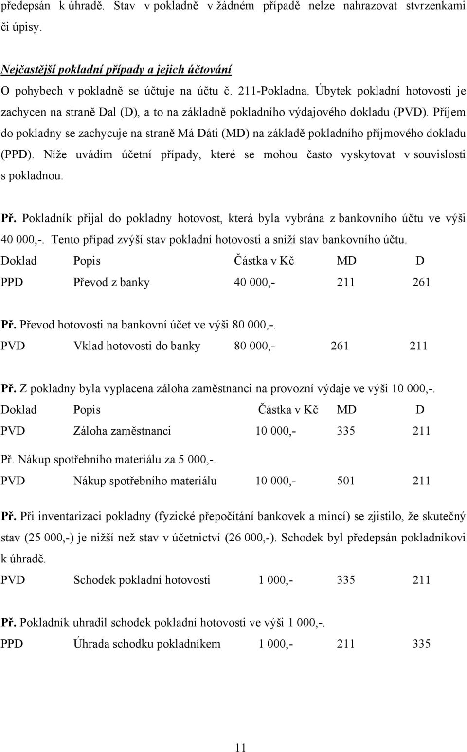 Příjem do pokladny se zachycuje na straně Má Dáti (MD) na základě pokladního příjmového dokladu (PPD). Níţe uvádím účetní případy, které se mohou často vyskytovat v souvislosti s pokladnou. Př.